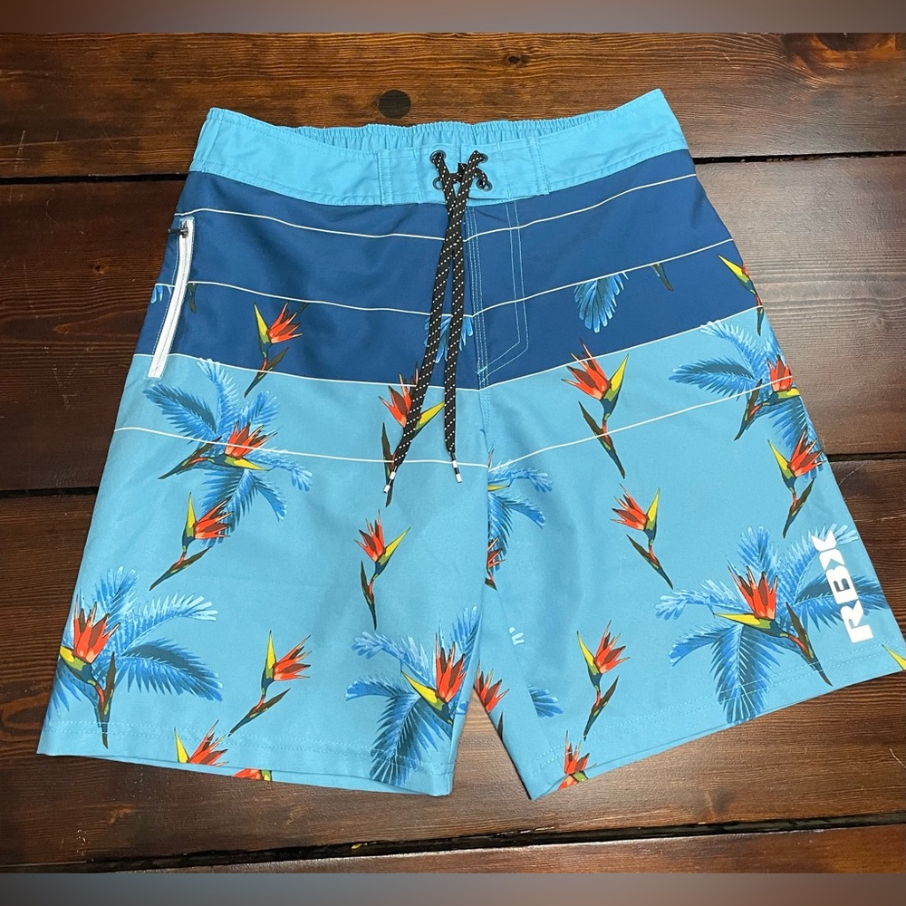 RBX Mens Blue Orange Lined Swim Trunks Board Shorts Floral Print Size S Small